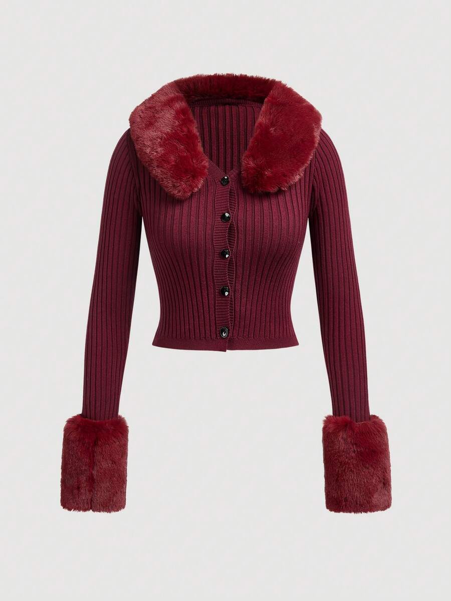 SHEIN ICON 羊羔绒领毛边袖紧身黑色长袖开衫，秋冬季长袖上衣 - 酒紅色 - 查看 1