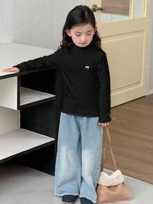 DAZY 女童圆领蝴蝶结印花保暖长袖T恤，秋季款 - 黑色 - 查看 4