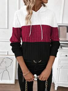 SHEIN LUNE Moletom feminino casual com capuz e cordão, manga comprida e cores contrastantes