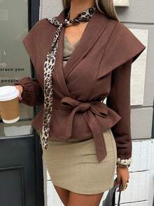 DAZY Women's Turndown Collar Brown Waist Cinched Short Casual Regular Jacket Women Coats - Brown - View 5