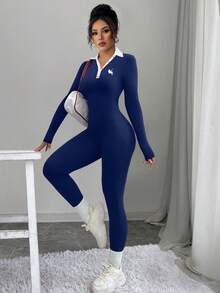 Gloray 骑士刺绣双色高领长袖连体裤 - 藍色 - 查看 4