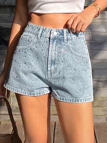 DAZY 女士夏季低腰水钻装饰性感休闲牛仔短裤 Y2k - 淺色水洗藍 - 查看 3