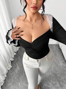 Elenzga Áo cánh cổ vuông tay loe ren kiểu Pháp thanh lịch cỡ lớn dành cho nữ, thích hợp cho các buổi hẹn hò, đi làm, tiệc tùng - màu đen - Xem 3