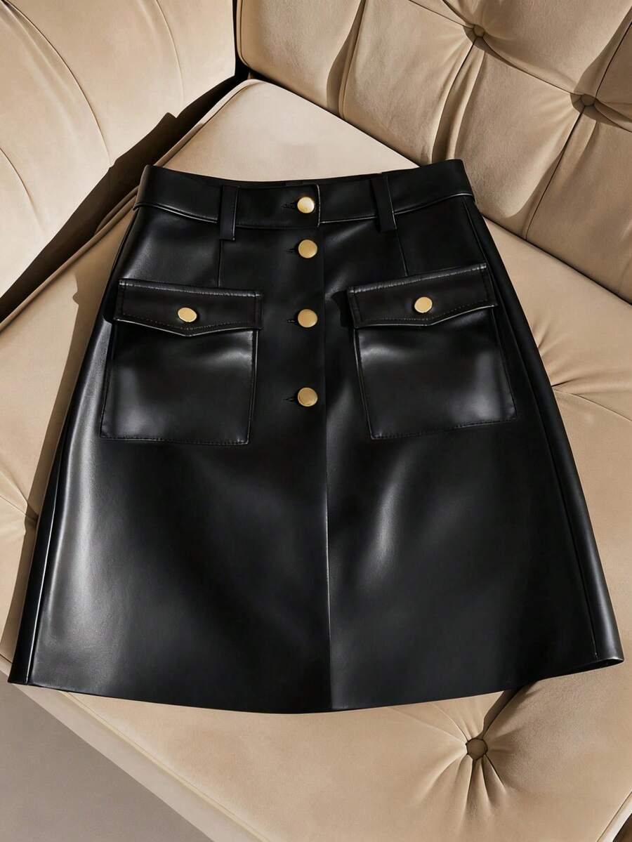 Franclia Damen einfarbiger Knopfdesign Taschen PU Leder A-Linie Rock - Schwarz - Übersicht 1