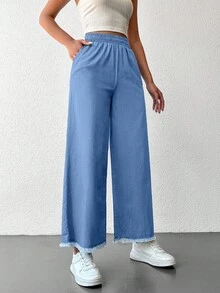 EURMUSE 100%Cotton Elastic Waist Raw Hem Wide Leg Pants - Blue - View 6