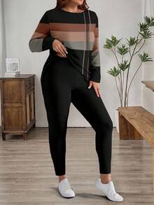 EMERY ROSE 2 peças Conjunto de Camiseta de Manga Longa com Estampa Listrada e Calça de Ioga Plus Size Feminino, Casual para Outono/Inverno - Multicolorido - Visão 5