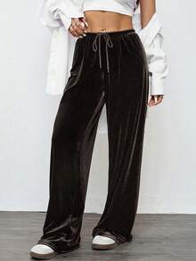 SHEIN EZwear Calça feminina vintage casual folgada de veludo com pernas largas, cor café escuro, outono/inverno - Castanho - Ver 6