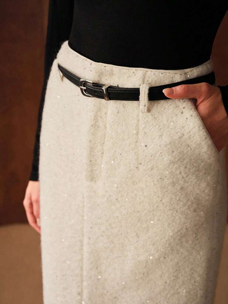 WOMEN'S AUTUMN/WINTER WOOL BLEND SIMPLE STRUCTURED DESIGN THICK TWEED SKIRT
