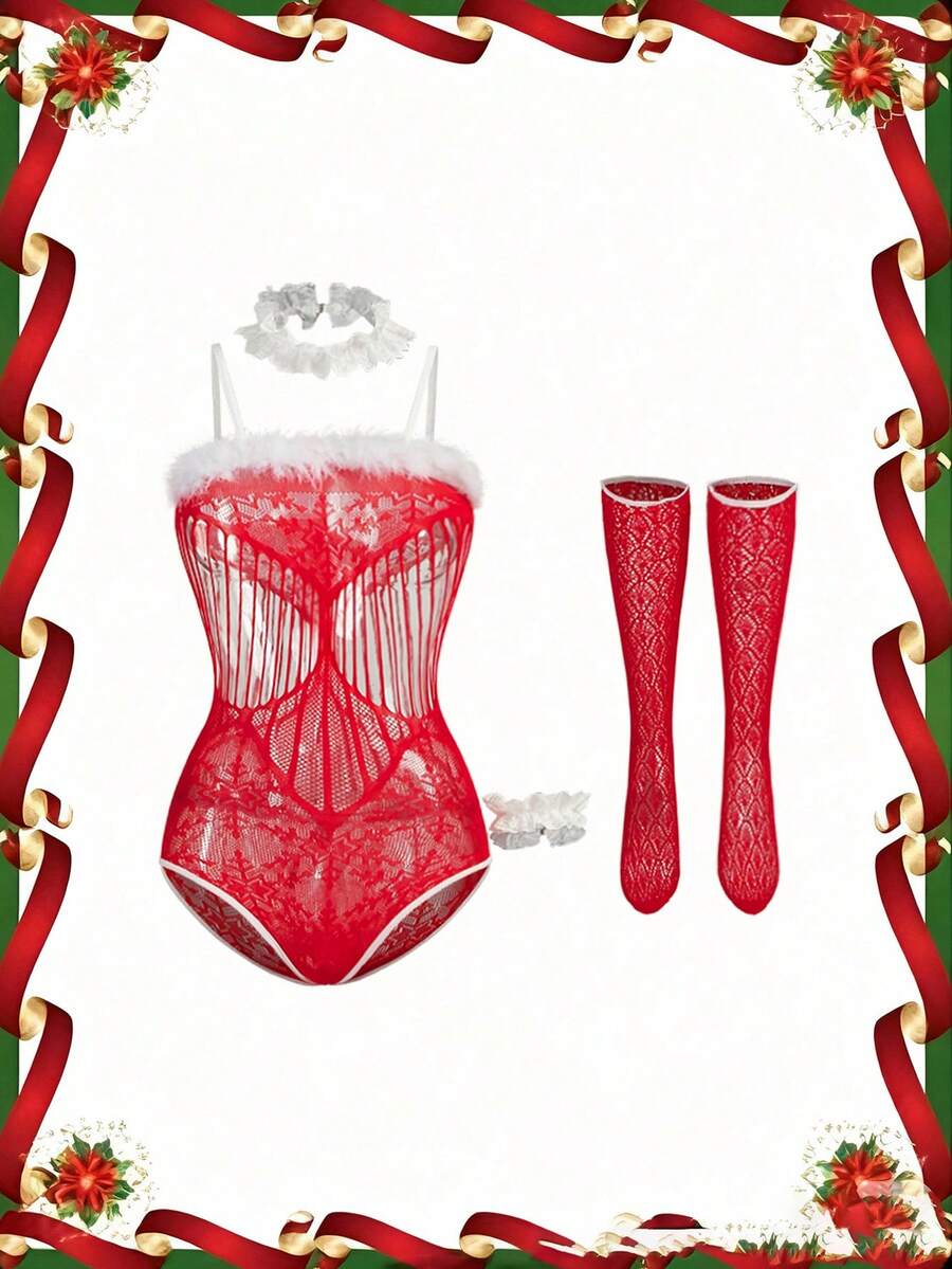 ChaseTheNight 5 Stücke/Set Sexy Frauen Netzstrumpfhose Set, Weihnachten - Rot - Übersicht 1