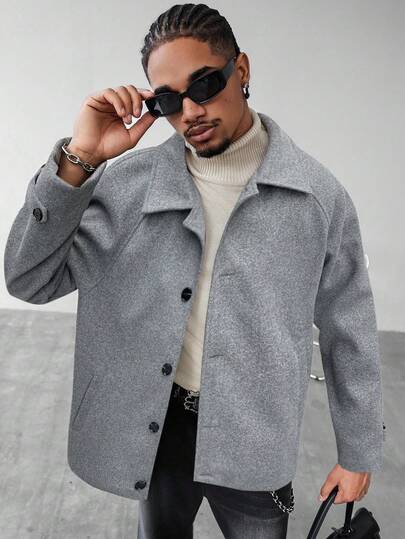 Manfinity Homme Men's Solid Color Raglan Sleeve Single-Breasted Casual Jacket, Autumn/Winter