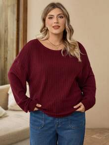 EMERY ROSE 大码女式纯色圆领落肩长袖休闲罗纹T恤 - 酒紅色 - 查看 3