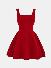 Firerie Kids Vestido de línea A rojo con cuello cuadrado elegante y lindo, con parches y gran lazo en la espalda para niñas preadolescentes - Rojo - Ver 5