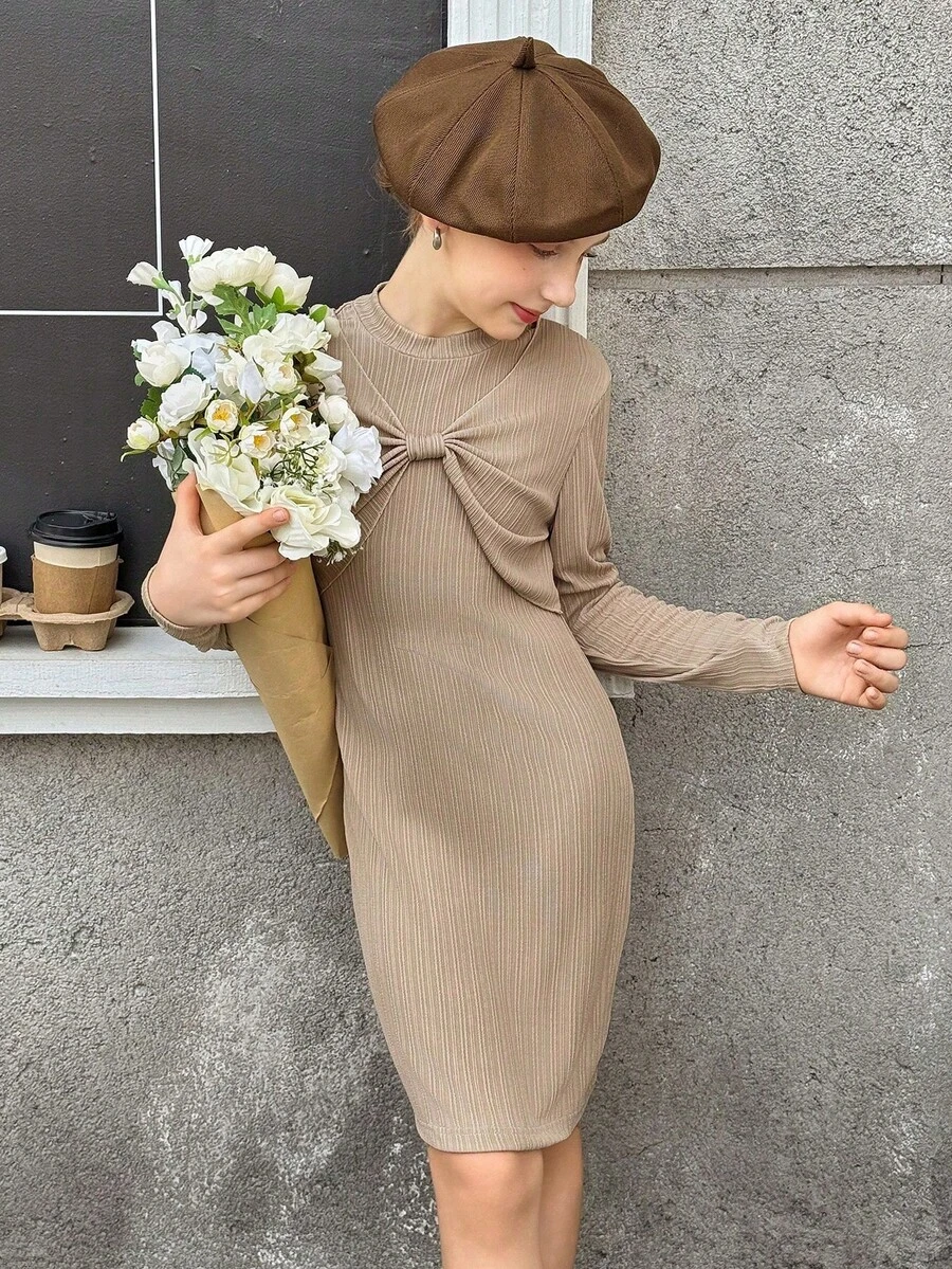 2 件套女童休闲套装，珍珠装饰长袖上衣和 A 字下摆连衣裙，优雅春秋季外套 - 棕色 - 查看 1