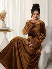 Al Najma Rochie arabică brodată cu dantelă, culoare solidă, din catifea coreeană, 2025, nouă, rochie de petrecere - Kaki - Vizualizare 7