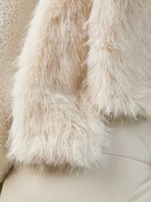 SHEIN Girls' Big Kid Casual Fashion Versatile Minimalist Faux Fur Coat - Apricot Faux Fur Long-Sleeve Regular-Fit Style, Suitable For Daily Wear Like Outdoor Walks, Shopping, Commuting And Travel In Autumn And Winter. - Black - View 5