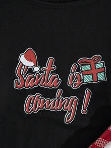 EURMUSE Women Cotton SANTA Lettered Christmas Homewear Comfort Pajama Set Home Black And White Red Plaid Autumn Kawaii - Black - View 5