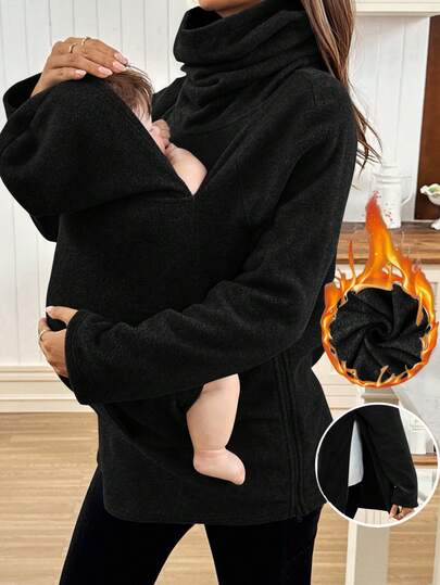 SHEIN ملابس الخريف، ملابس الخريف، ملابس الحمل في الخريف، معطف أم حامل متعدد الوظائف 3 في 1 مع كابوشون، بلوزة كنزة مقنعة من الفليس للنساء الحوامل وارتداء الأطفال، ملابس الحمل في الخريف والشتاء، ملابس حمل سوداء مقنعة للما بعد الولادة، ملابس نسائية كبيرة الحجم مقنعة