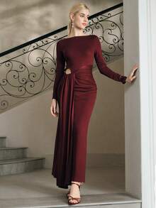 Anewsta Vestido largo de manga larga, cuello redondo y ajustado con lazo, color burdeos, nueva llegada para otoño - Burdeos - Ver 1