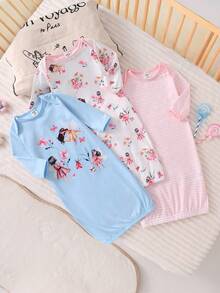 3pcs Set Newborn Simple Fashion Cute Cartoon Print Long Sleeve Long Dress Sleepwear - Multicolor - View 3