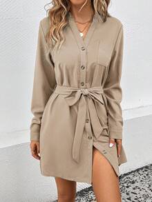 SHEIN LUNE Women's Solid Color V-Neck Long Sleeve Single-Breasted Casual Pocket Dress