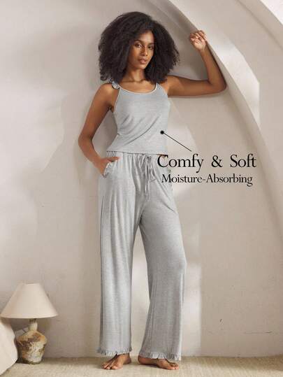 Ocili 休闲简约荷叶边系腰长款吊带背心和裤子女士睡衣套装，时尚秋季