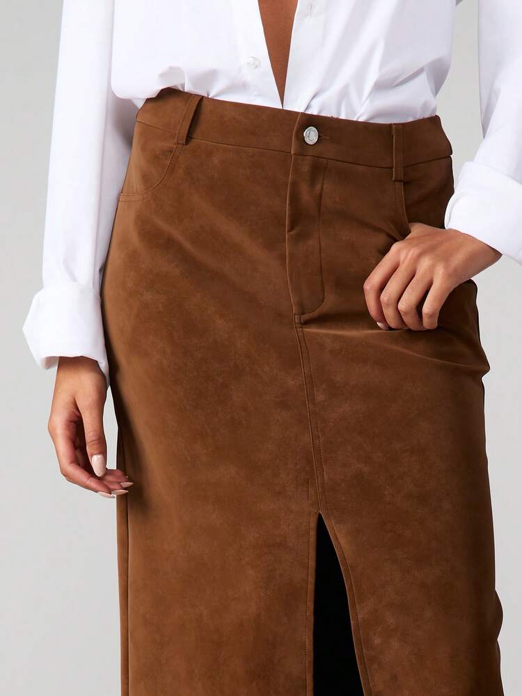 MISSGUIDED Corduroy High Waist Long Pencil Skirt With Front Slit For Fall Winter Office