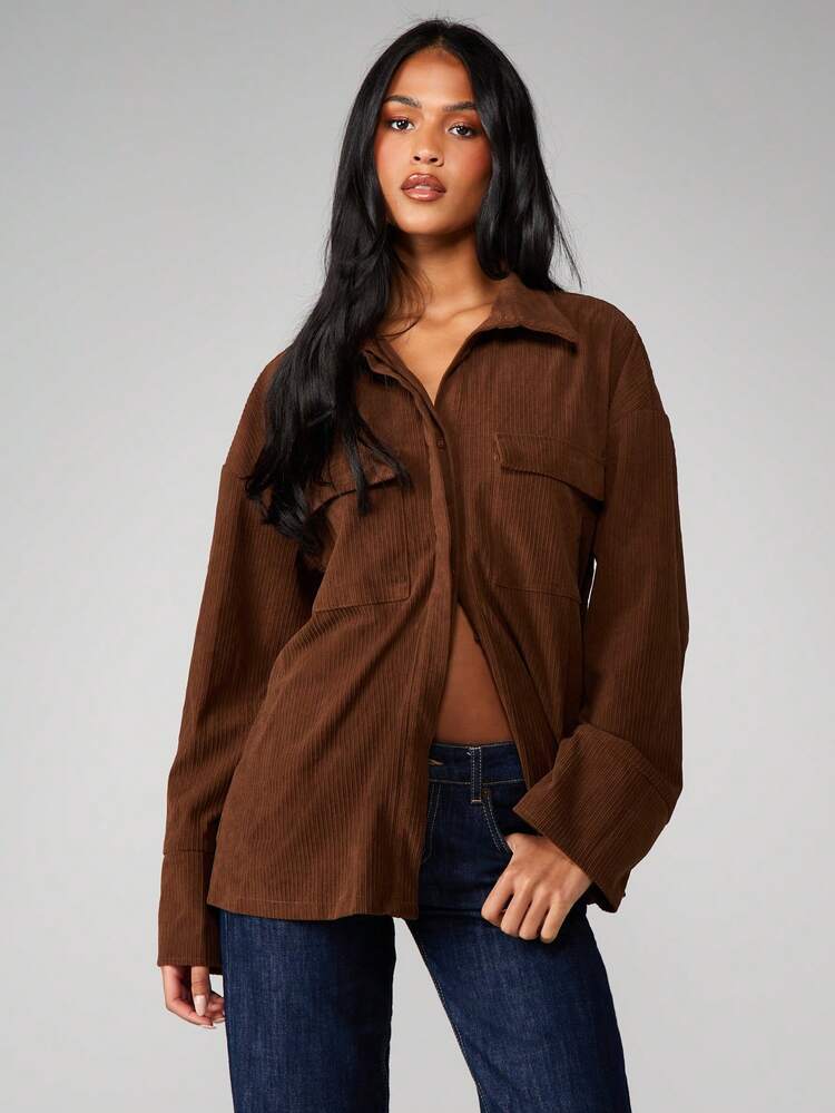 MISSGUIDED Oversized Corduroy Button Front Shirt Long Sleeve Collared Blouse Fall Winter Casual