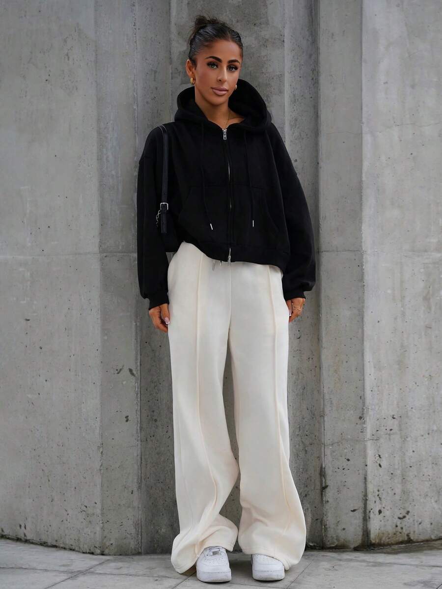 SAYEHFBABY Pin-Tuck Detail Wide Leg Sweatpants Spring Vacation Airport, Casual Fall, Autumn, Winter, Back To School Christmas - Beige - View 1