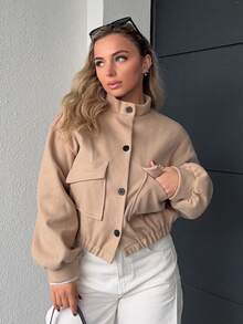 Jeta Ari Solid Color Stand Collar Pocket Short Jacket For Women,Fall Clothes - Apricot - View 6
