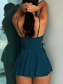 Swim Lushoire Women's Solid Color Side Tie Tankini Top With Swim Shorts, Vacation - Teal Blue - View 2