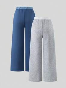 Sparklyn Tween Girl Wide-Leg Sweatpants – 2 Color Options (Navy Blue/Gray), Elastic Waistband, Contrast Color Patch Pockets, Soft Breathable Fabric, Loose Comfortable Fit, Perfect For School, Playtime, Lounging – Casual Pants Daily & Leisure Wear - Multicolor - View 2