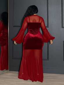 Veslaya 春秋新款优雅派对、约会之夜、晚礼服、婚礼季、毕业派对、生日庆典性感修身纯黑色长灯笼袖透视网纱天鹅绒拼接抹胸腰部交叉下摆鱼尾拼接加大码长裙性感红色女装魅力女神连衣裙曲线性感连衣裙 - 紅色 - 查看 2