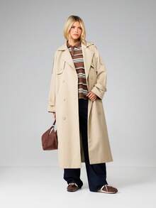 MISSGUIDED Classic Double-Breasted Trench Coat With Wide Lapels And Belt For Professional Business Casual Autumn Winter Outerwear - Khaki - View 1