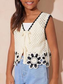 Travachic KIDS 少女度假休闲花卉刺绣镂空针织背心 - 白色 - 查看 4