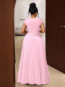 Maweii Plus Size Women Elegant Solid Color Pleated Round Neck Sleeveless Dress - Pink - View 2