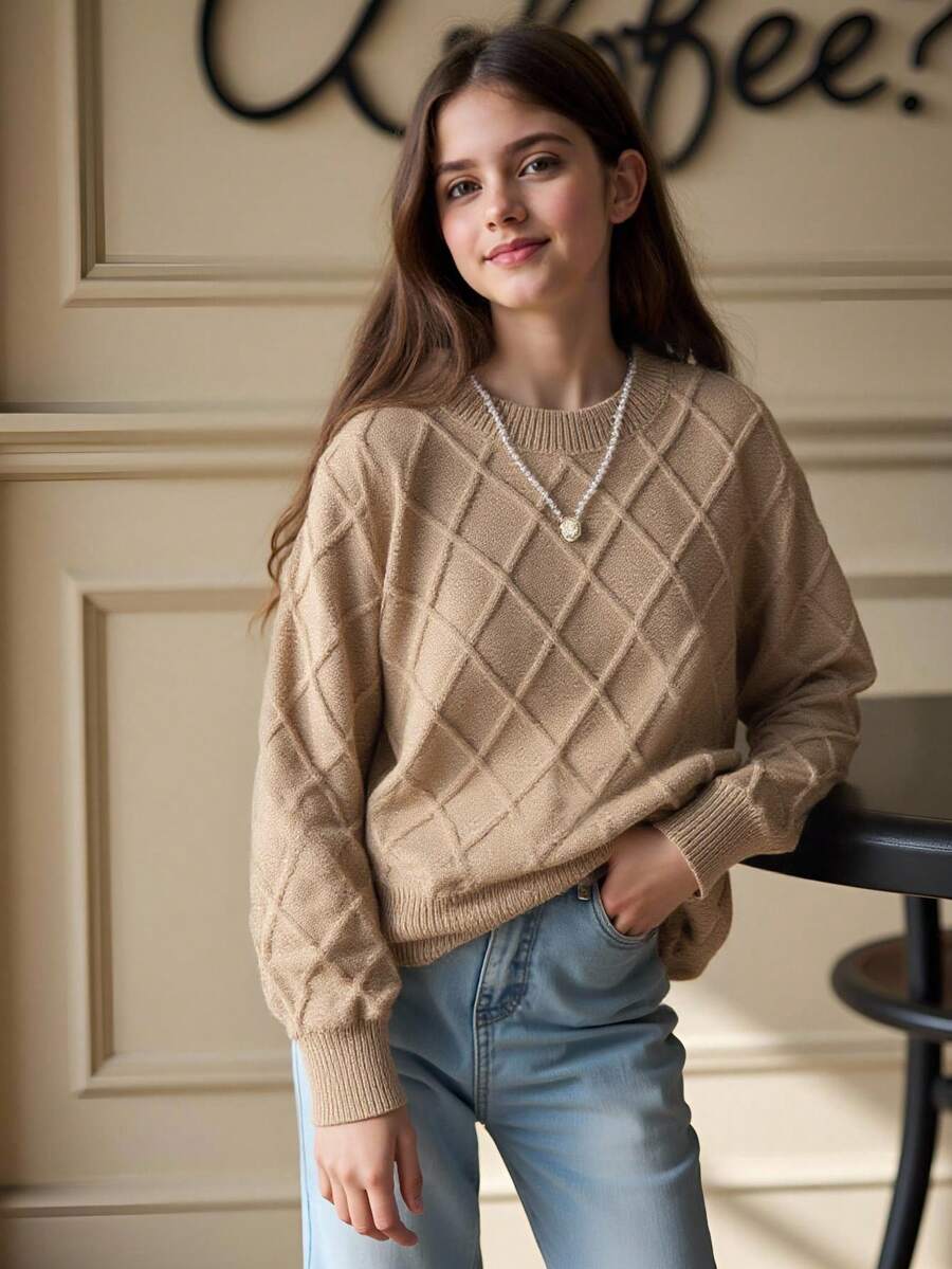 SHEIN Teenager Mädchen Lässig Strickpullover, Rundhals Argyle Struktur einfarbiger Pullover, Schul-Stil, bequem und geeignet für den täglichen Gebrauch, Herbst/Winter - Khaki - Übersicht 1