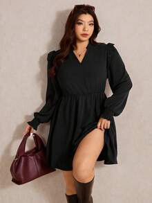 Elaquor Plus Size Elegant Minimalist Ruffle Patchwork Black Dress For Women, All Season - Black - View 4
