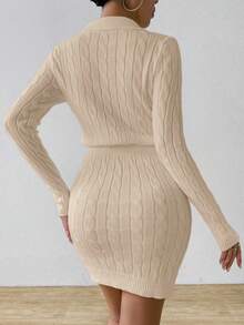 EMERY ROSE Pony Logo White Cable Knit Sweater, Embroidered Polo Collar Top, Fitted Sexy Dress - Apricot - View 2