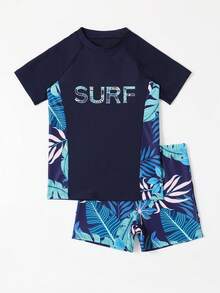 Plus Size Boys' Swimsuit, Top With Placement Print, Bottom With Random Print