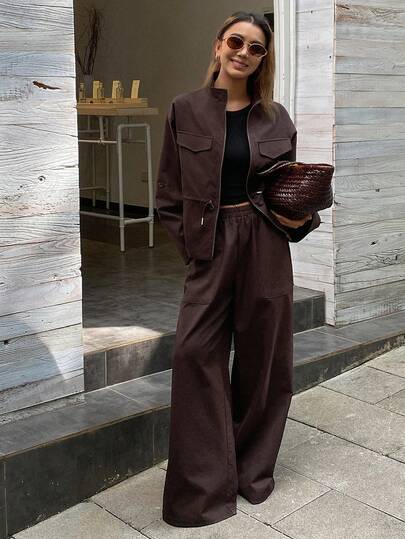 Livesso Conjunto de 2 piezas de top holgado con cuello alto y cintura ceñida y pantalones casuales, conjunto de ropa de estar para mujer en otoño/invierno