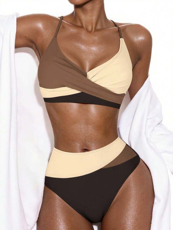 SHEIN Swim Conjunto de bikini cruzado de cintura alta con bloqueo de color para playa en verano