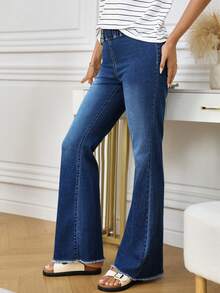 SHEIN LUNE Women's Elastic Waist Navy Blue Frayed Hem Casual Flare Leg Jeans,Bootcut High Waist Wide Leg Summer Everyday Pants Winter New Year - Blue - View 3