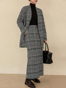 DAZY Ensemble 2 pièces pour femmes, veste ample à col V à carreaux et jupe longue. Ensembles de détente décontracté et élégants pour femmes - Noir et Blanc - Voir 2