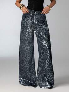 SHEIN Tall CURVE Quần jean ống rộng thời trang mùa thu, mùa thu, trở lại trường, tiệc Halloween, Giáng sinh, Y2K, dễ thương, phong cách đường phố, Goth, Grunge, Techno, tiệc sinh nhật, đi chơi, câu lạc bộ, sân bay, họa tiết da báo ánh kim, họa tiết động vật, quần jean ống rộng, họa tiết da báo đã giặt - màu đen - Xem 6