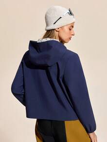 Exploreva Giacca da pioggia con chiusura lampo e cappuccio, casual e sportiva da donna per uso all'aperto - Blu Navy - Visualizzare 5