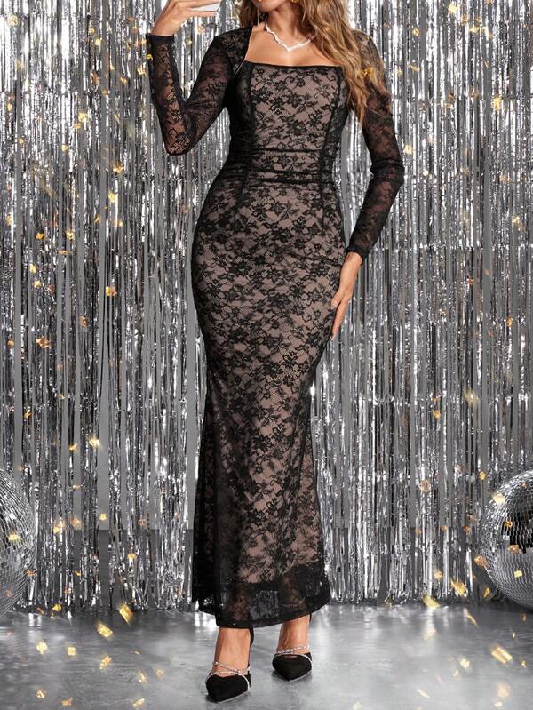 SHEIN Clasi Women's Full Lace Long Sleeve Bodycon Sheath Dress, Black Square Neck Slim Fit Elegant Midi Dress For Everyday, Party, Date, Mermaid Hem, Autumn/Winter Lace Black Dress Long Sleeve Elegant Dress Black Tie Event Dress