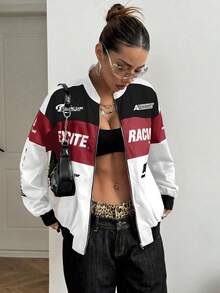 SHEIN PETITE Letter Print Contrast Color Drop Shoulder Lightweight Jacket For New Year - White - View 4