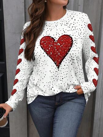 EMERY ROSE Plus Size Women Heart Pattern Print Round Neck Long Sleeve T-Shirt, Ladies Top