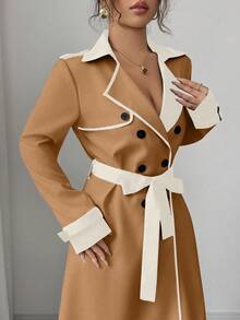 Elenzga 女士撞色领设计双排扣收腰优雅休闲通勤时尚法式风衣，奶油白与杏色拼接，长袖，秋冬款 - 摩卡棕 - 查看 3