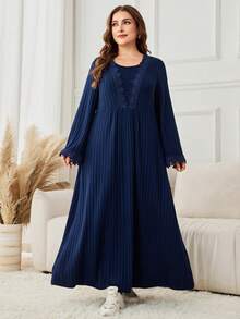 Lacomfia Plus Size Casual Solid Color Ribbed Floral Trim Round Neck Long Sleeve A-Line Midi Dress, Spring/Autumn - Blue - View 4